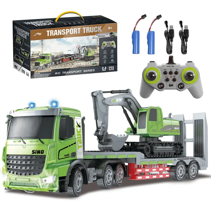 ESUN RC-Auto RC LKW Spielzeug, 1:12 Ferngesteuerter Truck & Bagger Set mit 11-Kanal-Vollfunktion, Lichtern und abnehmbarem Anhänger