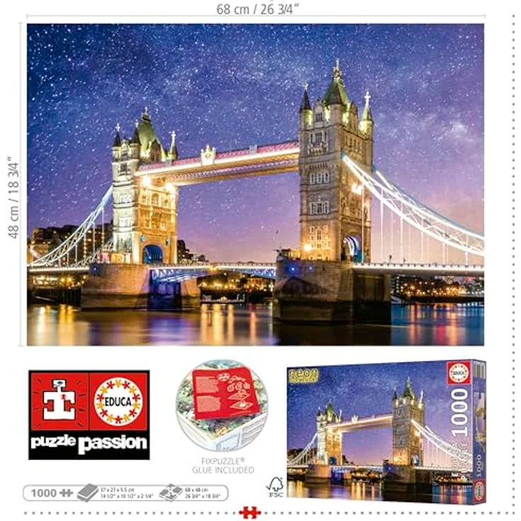 Educa 1000 Teile Puzzle Tower Bridge, London 'neon', leuchtet im Dunkeln, inkl. FixPuzzle Kleber, ab 14 Jahren – Bild 3