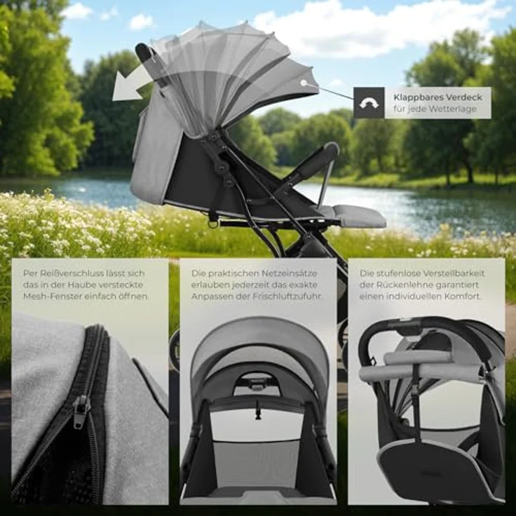 tectake® Buggy Kinderwagen von 0 bis 3 Jahre, einhändig faltbarer Reisebuggy, Kinderwagen mit Verdeck - grau/beige – Bild 4
