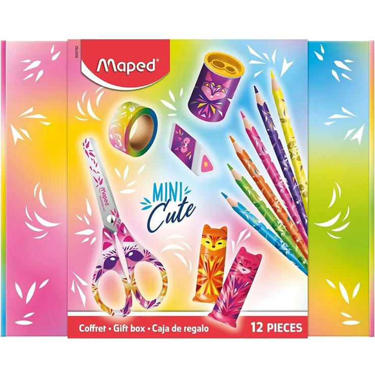 MAPED MINI CUTE Bleistift Schreibset, 12-teiliges Set mit bunten Buntstiften, Schere, Textmarkern, Klebeband, Radiergummi und Spitzer in Geschenkbox