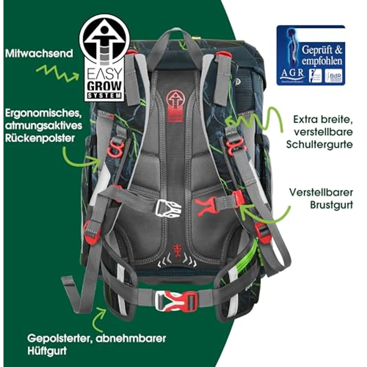 Step by Step Schulranzen-Set FIT „Danger Cat Chiko“, 5-teilig, grau-grün, ergonomischer Tornister mit Reflektoren, höhenverstellbar, Hüftgurt, für Jungen ab der 1. Klasse, 19L – Bild 4