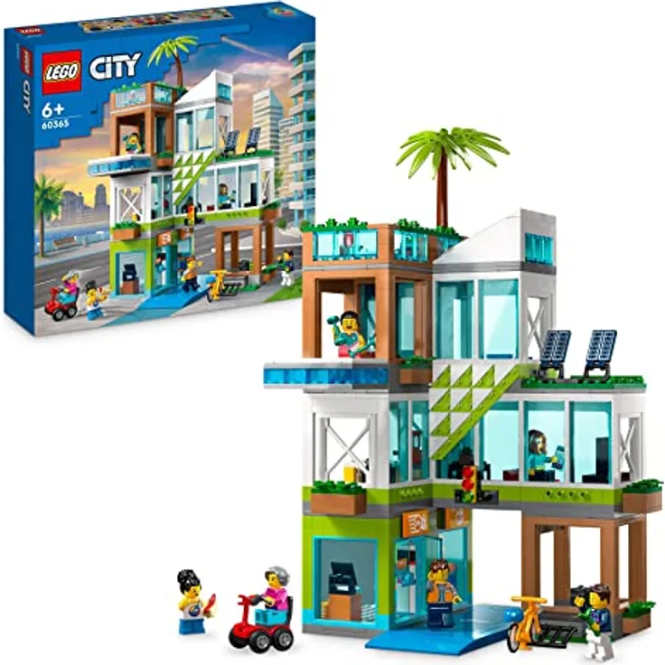 LEGO 60365 City Appartementhaus Set, Konstruktions-Spielzeug mit Eckladen, Wohnzimmer, Küche und Schlafzimmer, mit Scooter, Fahrrad, 6 Minifiguren und Einer Straßenplatte
