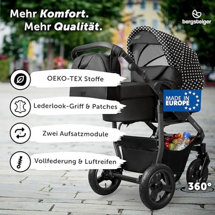 Bergsteiger Capri Kombikinderwagen 3-in-1, Babywanne, Sportsitz & i-Size Babyschale, Luftreifen, Federung, höhenverstellbarer Griff, faltbar, Zubehör – Bild 2
