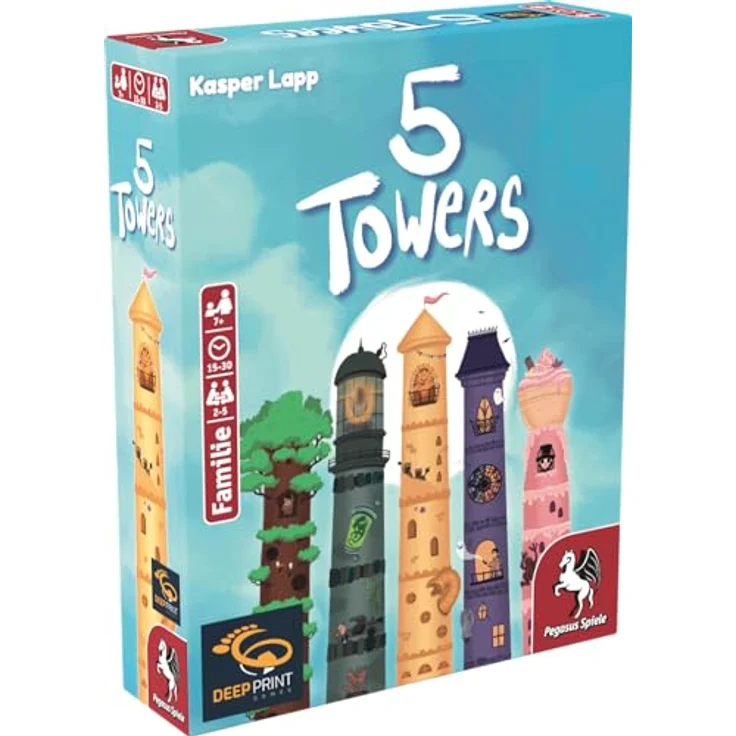 Pegasus Spiele 57814G 5 Towers (Deep Print Games), Schnelles Kartenspiel mit detailreichen Karten, 5 verschiedene Türme bauen, Zusatzpunkte für Türme mit Spitze - Brettspiel – Bild 1