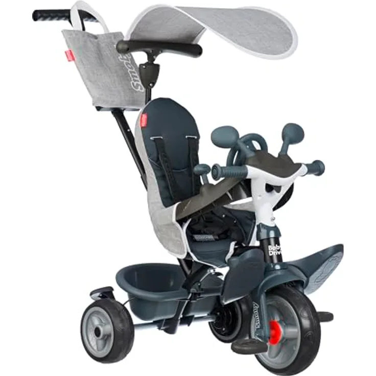 Smoby Baby Driver Tricycle Grey, Buggy und Dreirad in einem, innovatives Lenksystem, Sicherheitsausstattung abnehmbar