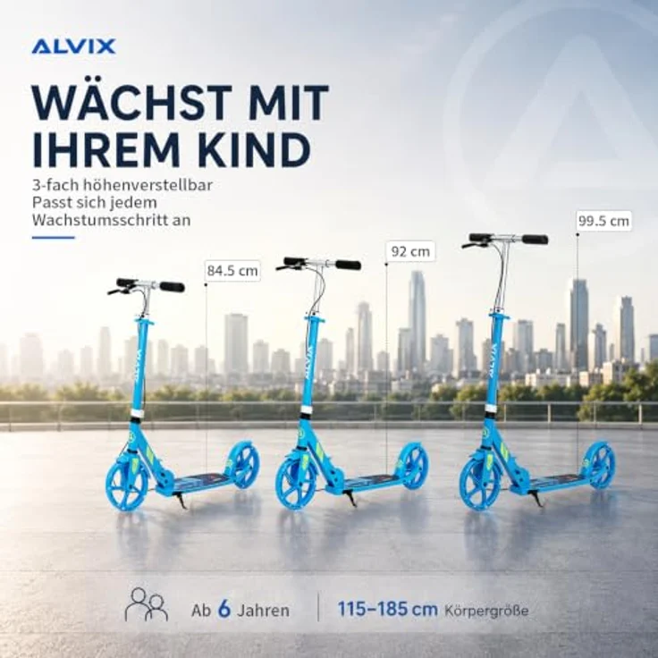 ALVIX Kinder-Scooter mit Handbremse, 200mm LED-Leuchträder, höhenverstellbar, faltbar, Tragetasche, bis 100 kg – Bild 6