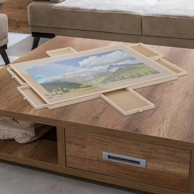 relaxdays Puzzleunterlage, drehbares Puzzlebrett mit 6 Schubladen und Platz für 1000 Teile, Naturfarben – Bild 4