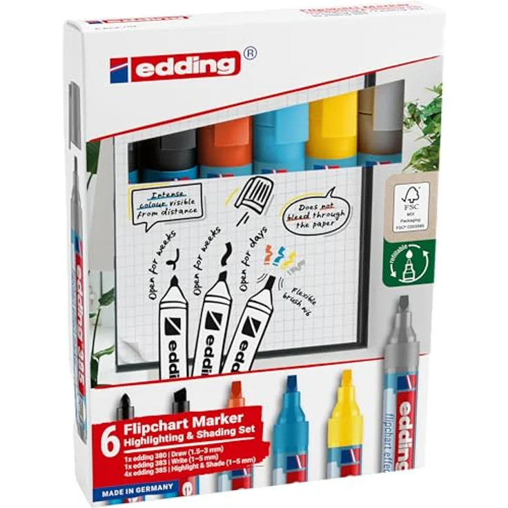 edding Flipchartmarker Set Highlight + Shading - 6er-Set - Gelb, Grau, Orange, Hellblau, Schwarz - Komplettset für alle Papiersorten - Cap-off Ink Technologie - Faltbares Etui mit Tipps – Bild 2