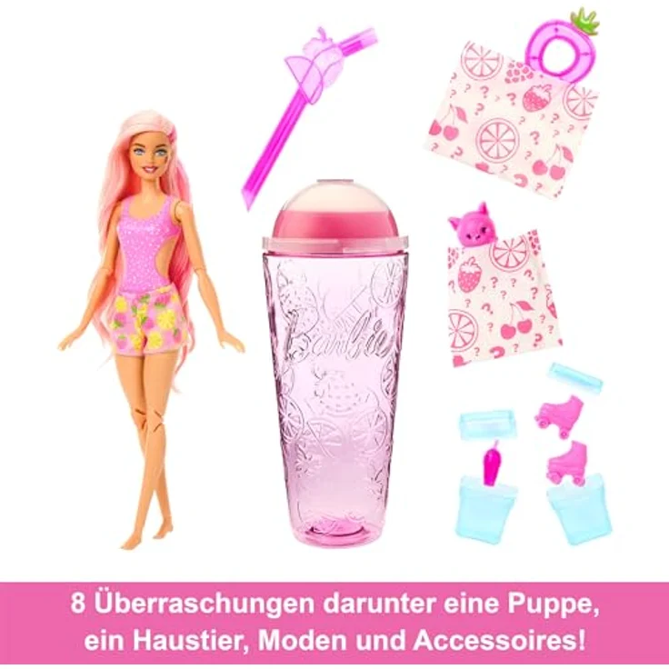 BARBIE Pop Reveal Fruit - Überraschungspuppen mit 8 fruchtigen Überraschungen, inklusive beweglicher Barbie-Puppe mit Erdbeerlimonadenduft und Squishy-Hündchen, ab 3 Jahren, HNW41 – Bild 3