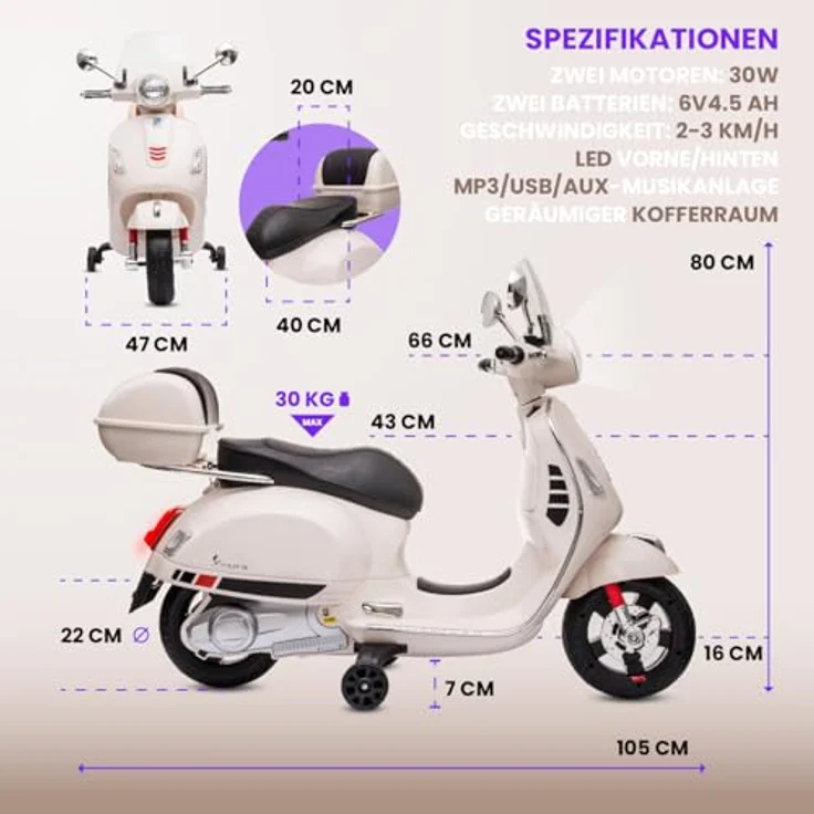 Sun Baby Vespa Elektro Kindermotorrad ab 3 Jahren mit Kunststoffräder und -sitze, Kofferraum, MP3-Player, USD MicroSD AUX-Anschluss. Elektroroller, Kinderroller (Weiß) – Bild 3