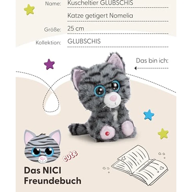 NICI Kuscheltier GLUBSCHIS Katze Nomelia, getigert, 25cm, grau, aus weichem Plüsch mit Glitzeraugen, ideales Geschenk für Kinder und Erwachsene – Bild 5