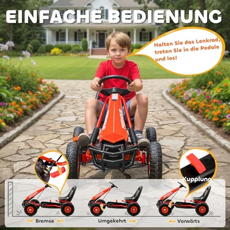 AIYAPLAY Go-Kart Tretauto mit Handbremse, verstellbarem Sitz und Pedalantrieb für Kinder 3-8 Jahre, Rot – Bild 3