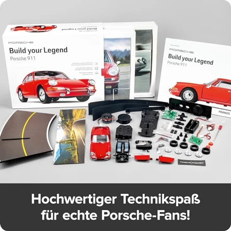 Franzis 67247 Porsche 911 Build Your Legend, detailgetreuer Modellbausatz 1:24 mit Soundmodul, LED-Beleuchtung und Begleitbuch, weiß – Bild 3