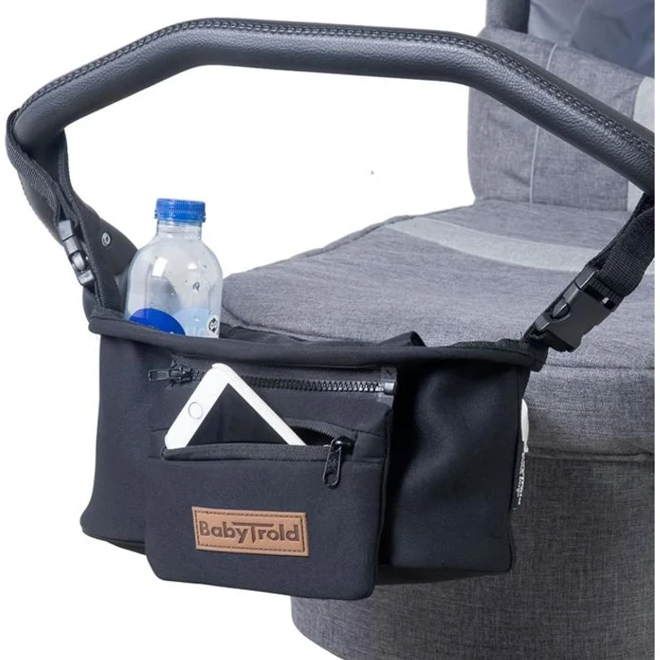 Babytrold Soft Shell Getränkehalter, Kinderwagen Zubehör mit abnehmbarer Tasche, schwarz, Platz für 2 Becher und Reißverschlusstasche