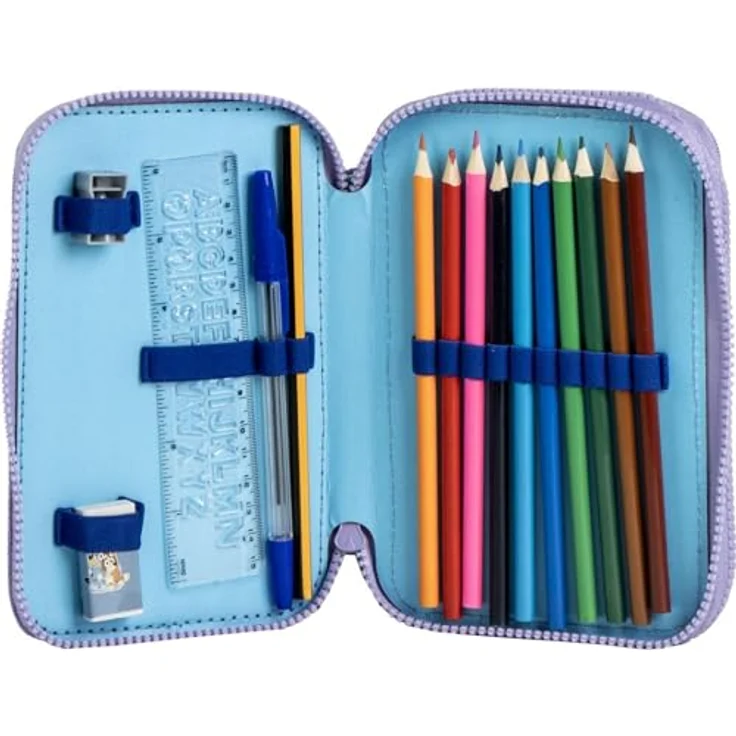 Bluey Federmäppchen gefüllt – Schulmäppchen mit Buntstiften, Filzstiften, Bleistiften und Zubehör, farbenfrohes Design – Bild 3
