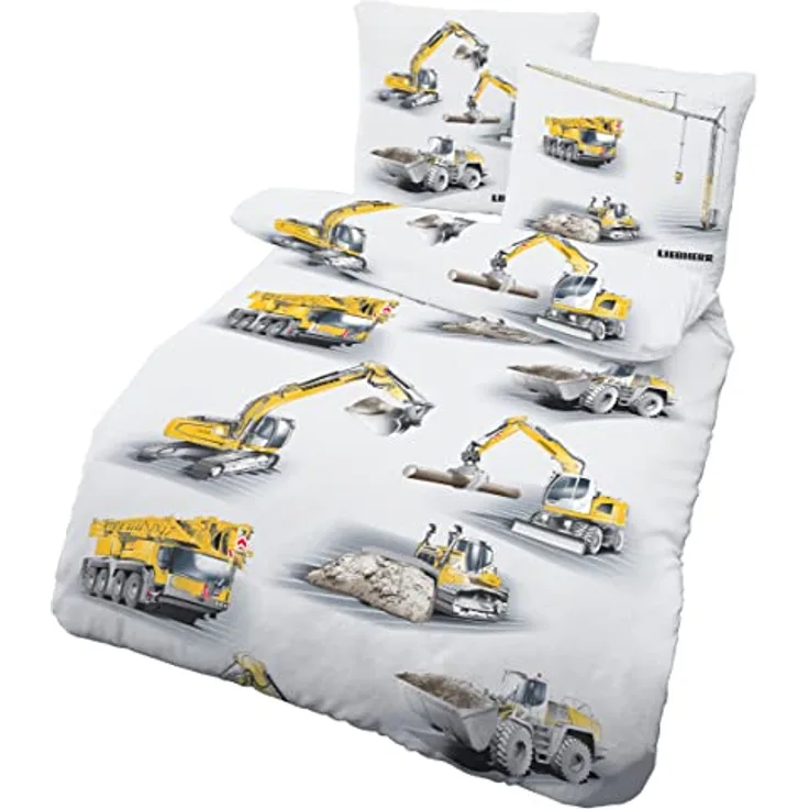 Bagger Bettwäsche 135x200 2teilig - Kinderbettwäsche 135x200 Jungen mit Baustellenmotiven - LIEBHERR Biber Bettwäsche Baumwolle für Jungs
