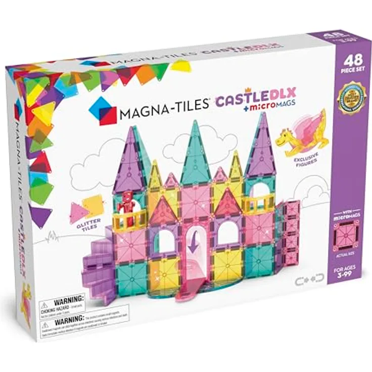 Magna-Tiles Castle DLX 48-teiliges Magnetbauset mit Zugbrücke, Drachenfigur und Wendeltreppe, aus sicherem MABS-Kunststoff