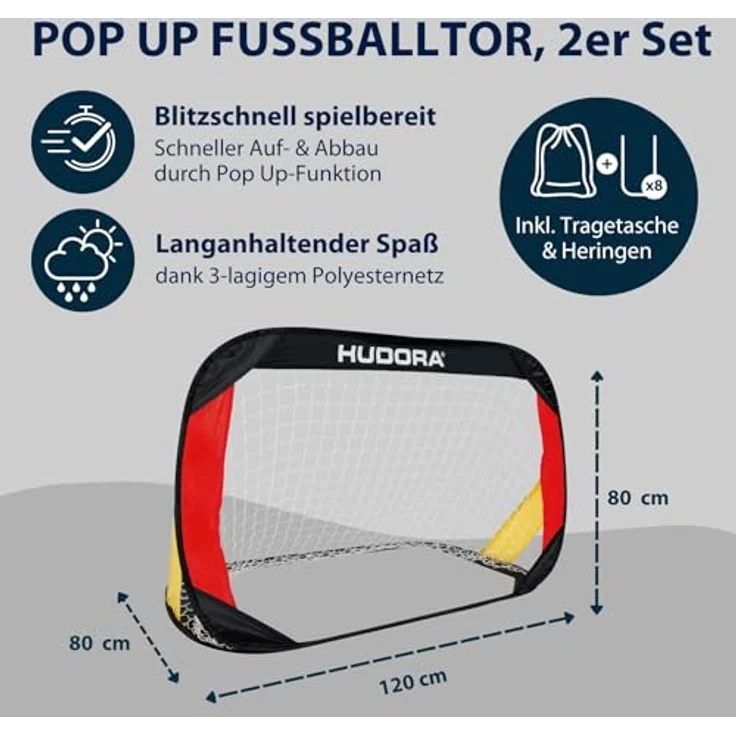 HUDORA Pop Up-Fußballtor 2er Set - Faltbare Fußballtore für Kinder & Erwachsene - 120 x 80 x 80 cm - 3-lagiges Polyesternetz – Bild 2