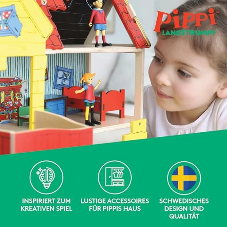 Pippi Langstrumpf Schlafzimmermöbel Set, Puppenhauszubehör mit Bett und Schatzkiste für Pippi und Herr Nilsson, 3 Teile – Bild 2