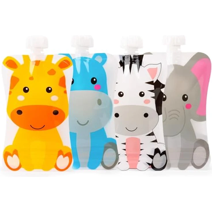 HOMYBABY® Wiederverwendbare Quetschbeutel für Babynahrung, 4 Stück mit lustigen Tiermotiven, 148 ml, BPA-frei, inklusive kostenloses E-Book mit Brei-Rezepten, ab 6 Monaten – Bild 1