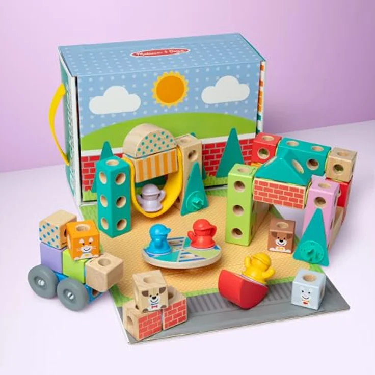 Melissa & Doug Blockables Playset Town, 73-teiliges Set mit stapelbaren Holzbausteinen und Zubehör – Bild 2