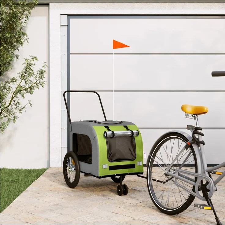 vidaXL Fahrradhundeanhänger Fahrradanhänger Hunde Grün und Grau Oxford-Gewebe und Eisen, mit PVC-Dach und belastbarer Platte – Bild 1