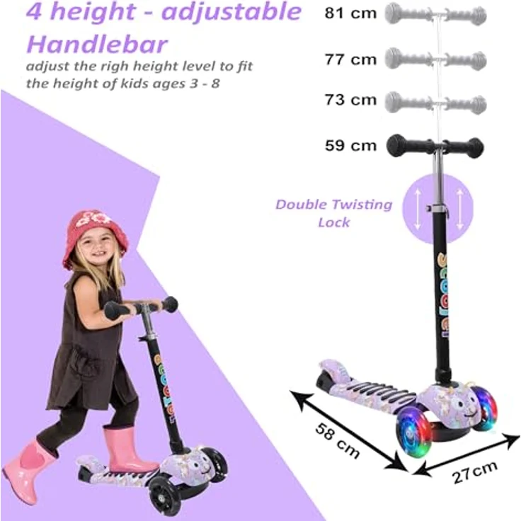 Habib Gruppe Kinderroller 3-Räder, Kinderscooter mit LED-Rädern, Höhenverstellung, rutschfest, max. 50 kg, für Jungen & Mädchen 3-8 Jahre – Bild 3