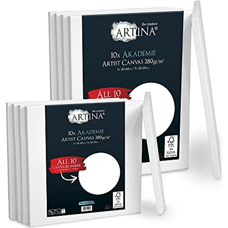 Artina FSC® Keilrahmen 10er Set Akademie 5x 30x40 cm & 5x 20x20 cm – Leinwand Set Maltuch aus 100% Baumwolle Leinwände 280 g/m² - Keilrahmenset Leinwand zum Bemalen für Acryl-, Aquarell-, Ölfarbe uvm