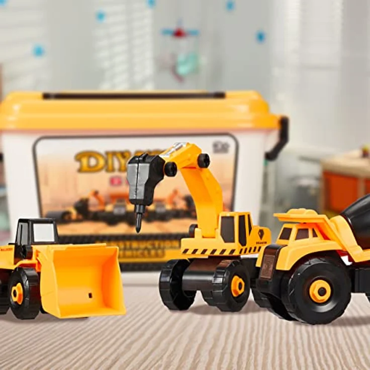 Relaxdays Baustellenfahrzeuge Kinder, 6-TLG. Set, Bagger Spielzeug, DIY, Schraubendreher, Box, ab 3 Jahre, gelb-schwarz – Bild 2