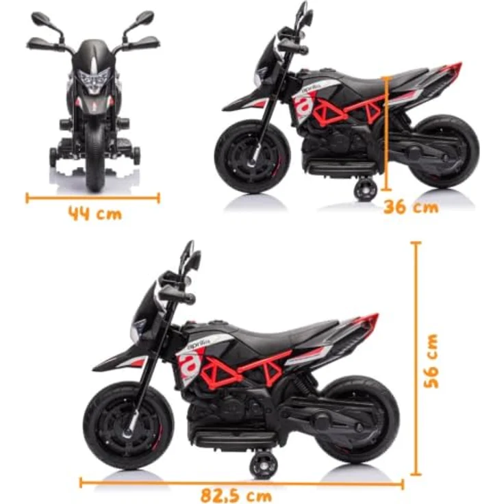 Vrooomy Kindermotorrad Aprilia Dorsoduro 900, 6V mit Scheinwerfer und abnehmbaren Stützrädern, rot, für 1-3 Jahre – Bild 3