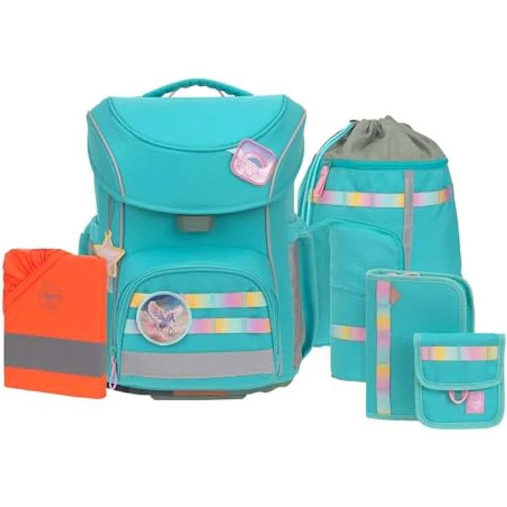 LÄSSIG Schulranzen Set Unique School Slim 7-teilig, ergonomisches Tragesystem, inkl. Regenhülle, türkis – Bild 1