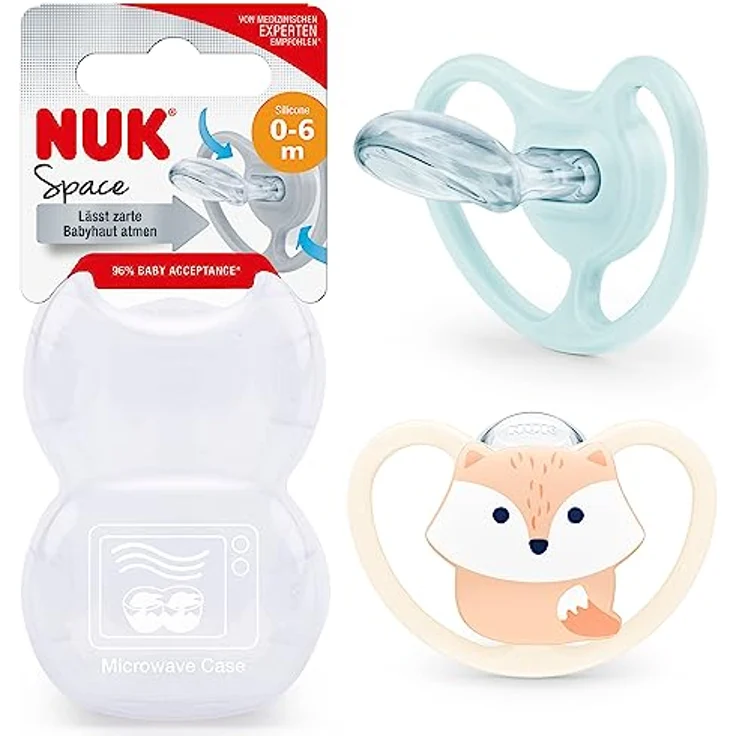 NUK Space Schnuller | Schnuller mit extra Belüftung | BPA-freies Silikon | 0-6 Monate | Fuchs & Regenbogen | 2 Stück – Bild 1