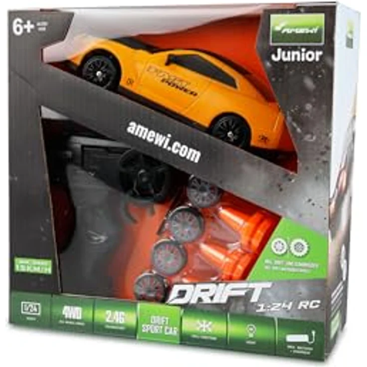 Amewi Drift Sport Car 4WD 1:24 RC ferngesteuert RTR gelb, LED-Frontbeleuchtung, Zusatzreifen mit Gummiauflage – Bild 1