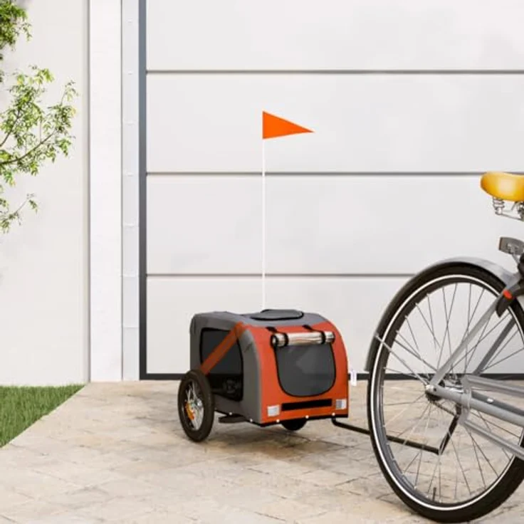 vidaXL Fahrradhundeanhänger Fahrradanhänger Hunde Orange und Grau Oxford-Gewebe und Eisen, mit PVC-Dach und Reflektoren – Bild 3