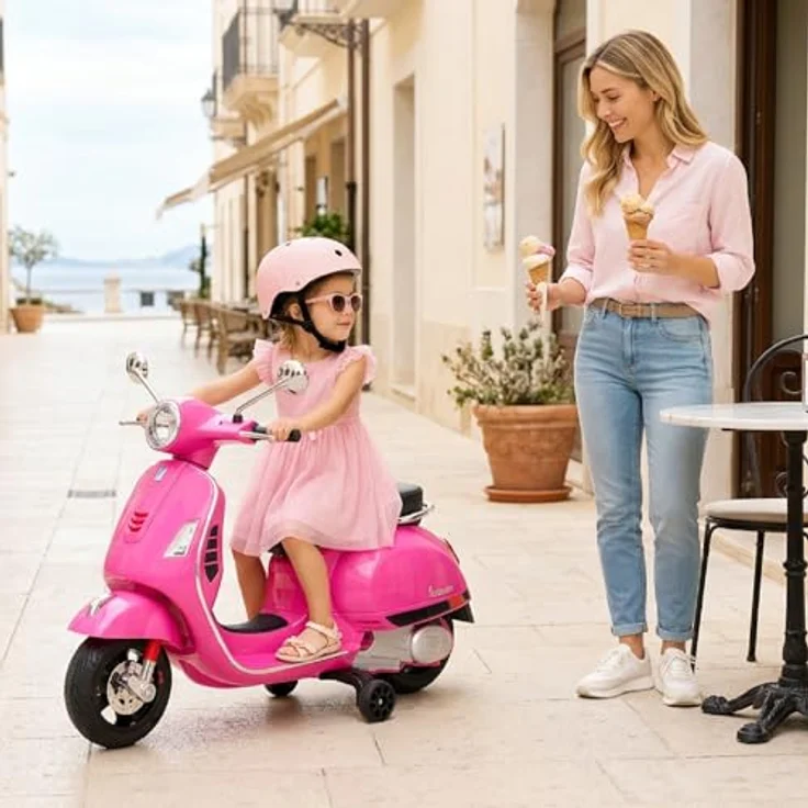 Sun Baby Vespa Maxi Elektroroller, 12V Akku Motorroller für Kinder mit Kofferraum, Licht, Sound, rosa – Bild 5