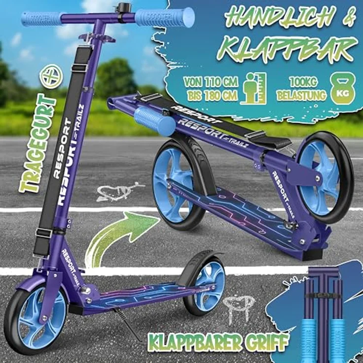 RE:SPORT Cityroller RE:SPORT® Trailz, höhenverstellbar & klappbar, große 200-mm-Rollen, inklusive Tragegurt & Klingel, bis 100 kg belastbar – Bild 2