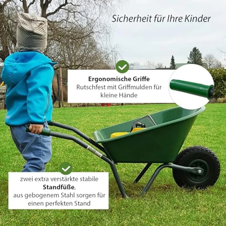 TRUTZHOLM Kinderschubkarre Uni, 40 kg Traglast, 20L Kunststoffwanne, Vollgummirad, Dunkelgrün – Bild 4