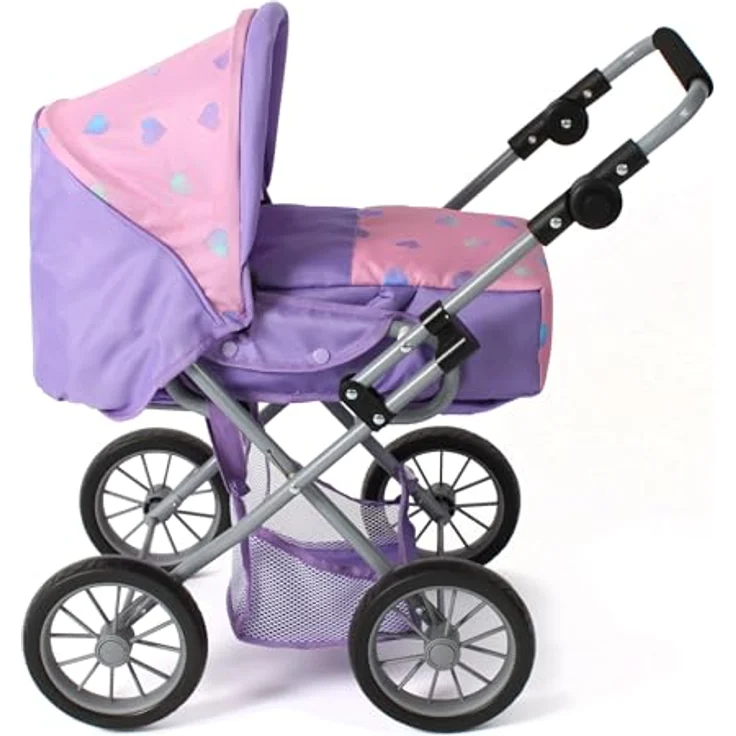 Bayer Chic 2000® 3in1 Kombi Puppenwagen Leni, faltbar, höhenverstellbarer Griff 43-67 cm, lila Herzchen, inkl. Tragetasche für Puppen bis 46 cm, ab 3 J. – Bild 2