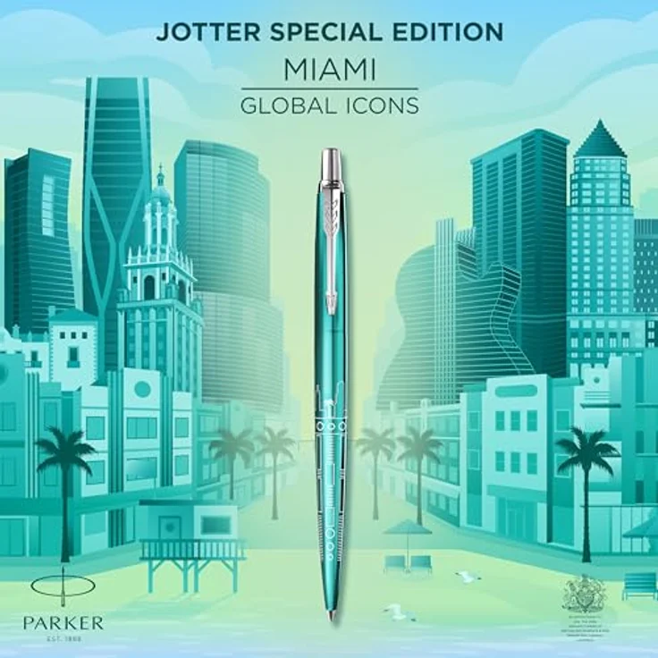 Parker Pen Parker Jotter SE Miami Kugelschreiber M, Edelstahl-Schaft mit türkisfarbener Pulverbeschichtung und lasergravierter Skyline – Bild 2
