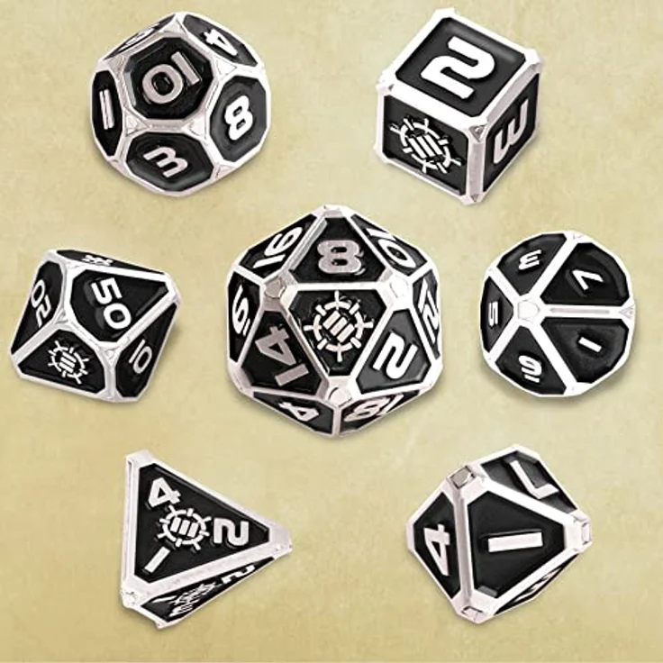 ENHANCE Würfelset aus Metall – 7 polyedrische Würfel mit 2-in-1 Würfeltasche und Würfeltablett aus veganem Leder, schwarze Sammleredition für Dungeon and Dragon RPG – Bild 5