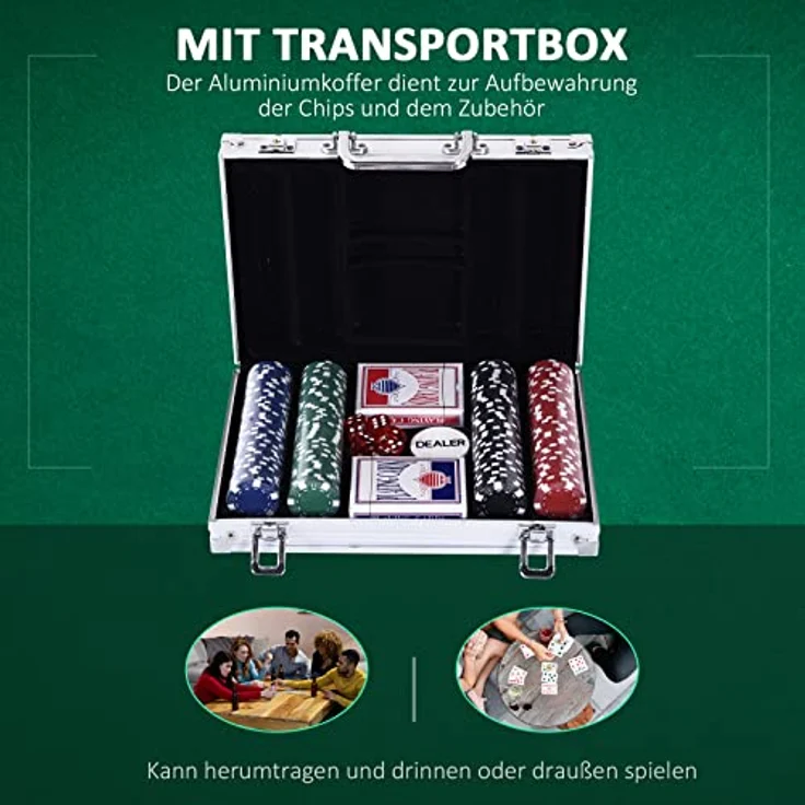 HOMCOM Pokerkoffer Pokerset 200 Pokerchips 2xKartenspiel 5xWürfel 1xAlukoffer Poker Set Jetons Koffer Alu+ Polystyrol 29,5x20,5x6,5 cm – Bild 4