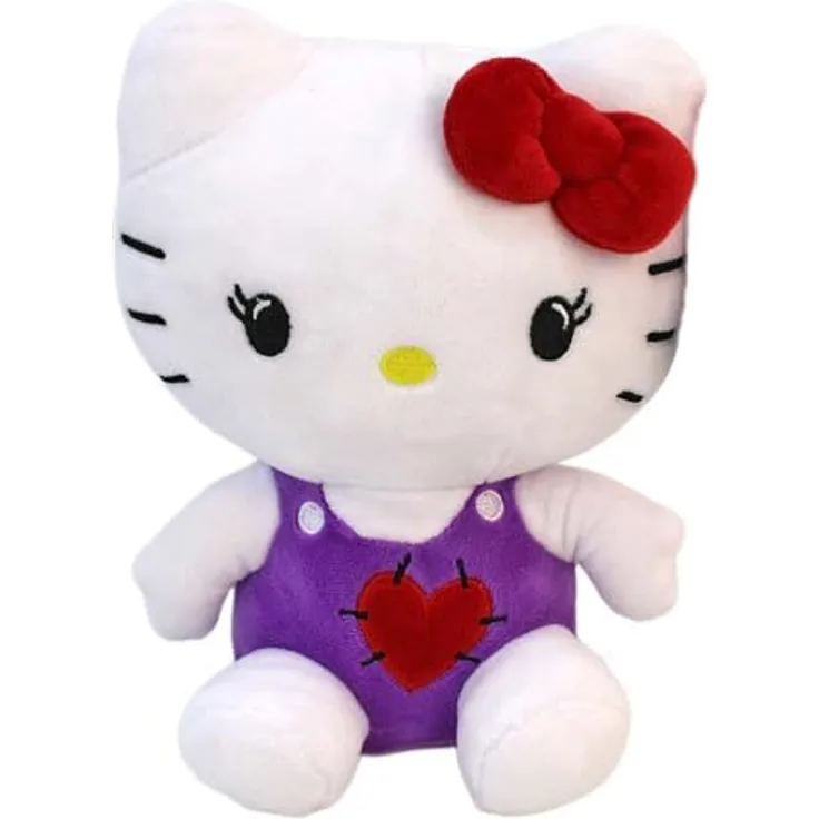 BEMIRO Kuscheltier Katze, ca. 25 cm Plüschfigur in lila Outfit mit gesticktem Herz und roter Schlaufe zum Aufhängen, flauschig weich und dekorativ