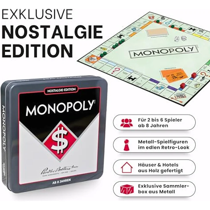 Gomazing Monopoly Nostalgie Edition 1930er Retro Brettspiel, Vintage Sammlerdose mit Zinnfiguren und Holzhäusern, für 2-8 Personen ab 8 Jahren – Bild 2