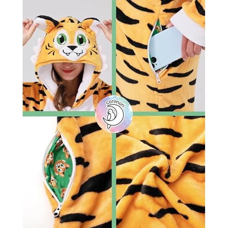 corimori Flauschiges Tiger-Kostüm für Erwachsene, Onesie mit Haarreif, super weich und wärmend, für Körpergröße 170-180 cm – Bild 5