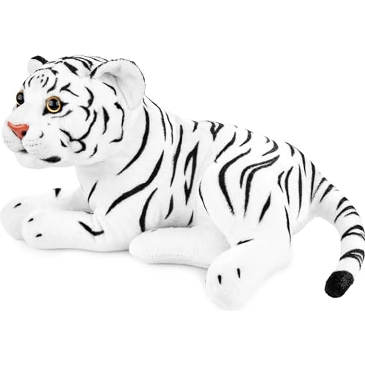 BRUBAKER Tiger Kuscheltier, 30 cm Stofftier aus weichem Plüsch, detailgetreue Raubkatze Liegend, weiß, handwaschbar – Bild 2