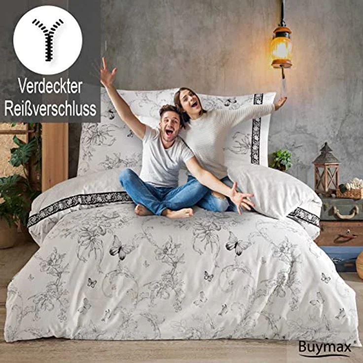 Buymax Bettwäsche 200x220 Baumwolle 3-Teilig Bettgarnitur mit Bettbezug und Kissenbezüge 80x80 Renforce Bettwäsche-Set Schmetterlinge Geblümt Blumen-Muster, Schwarz Weiß – Bild 4