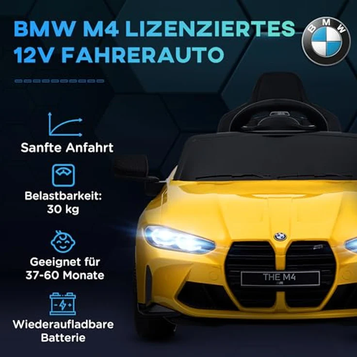 AIYAPLAY Elektro-Kinderauto BMW M4 Gelb, Belastbarkeit 25 kg, für Kinder 3-5 Jahre, mit Fernsteuerung und Musikfunktion – Bild 4