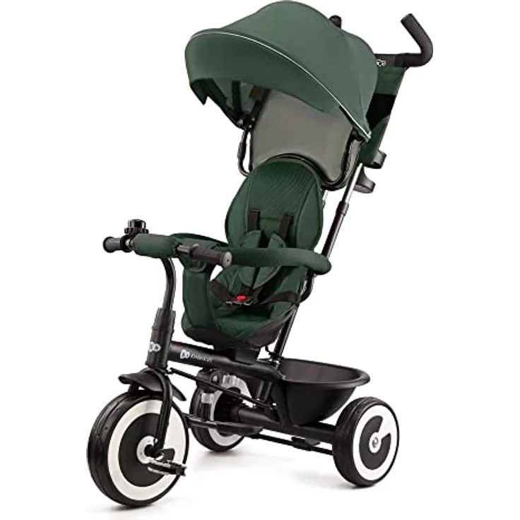 Kinderkraft ASTON Dreirad ab 9 Monate bis 25 kg, Kinderdreirad mit schubstange, drehbarer Sitz, ausklappbares Verdeck, Grün