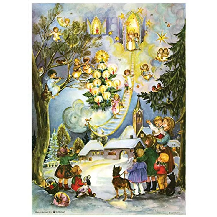 Richard Sellmer Verlag Nostalgischer Adventskalender "Seht die Himmelsleiter", 24 Bilder mit Glimmer, ca. 26,5 x 35,5 cm, Made in Germany