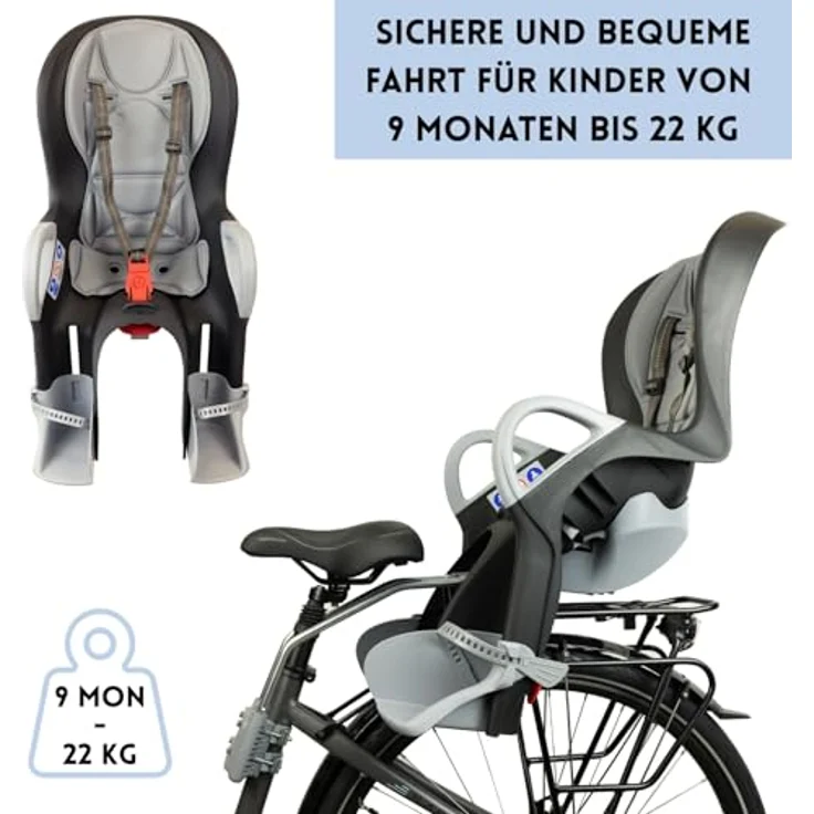 OK Baby Fahrradkindersitz, Schwarz Grau, für Kinder ab 9 Monaten bis 22 kg mit Polsterung und Regenschutz – Bild 2